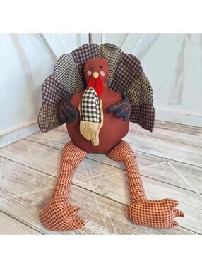 Vintage 1997 Primitive Turkey Home Decor Plaid Plush 7.5"H Autumn Fall Harvest